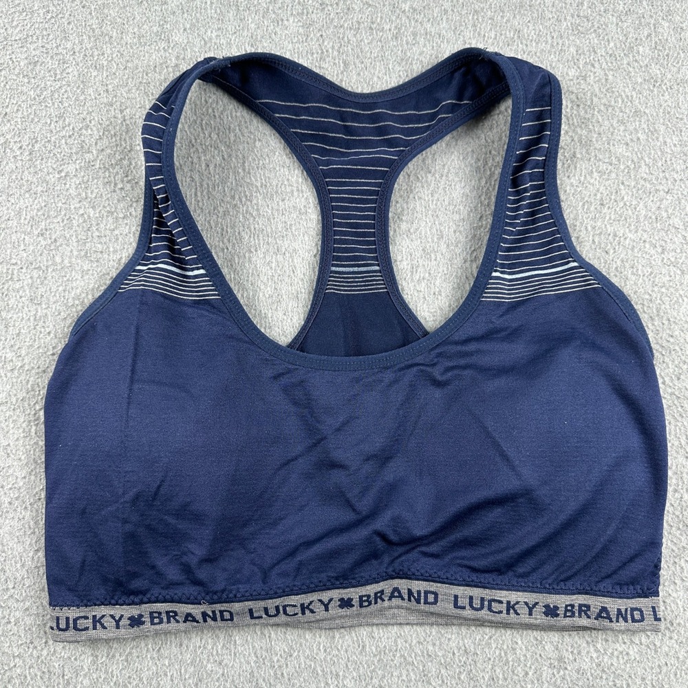 Lucky Brand Sports Bra Womens M Navy Blue Striped Racerback Branded Hem